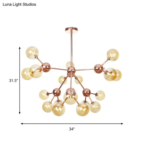 Vintage Copper Chandelier With Clear/Amber Glass Orb Shades - 3/9/12 Lights Branch Design