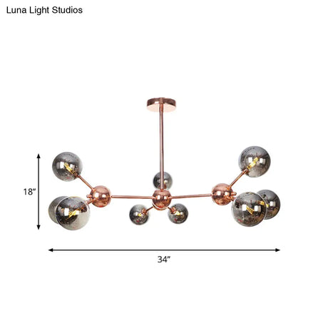 Vintage Copper Chandelier With Clear/Amber Glass Orb Shades - 3/9/12 Lights Branch Design