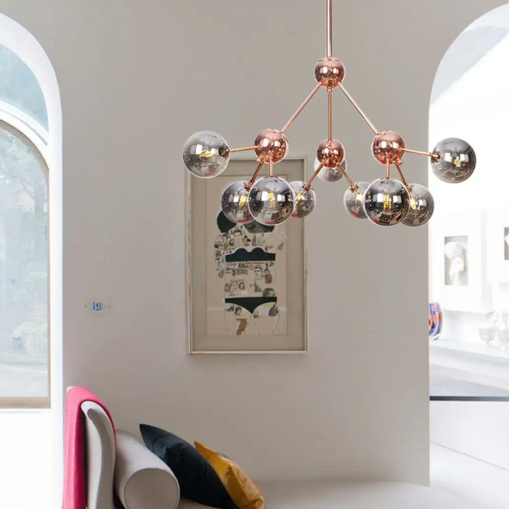 Vintage Copper Chandelier With Clear/Amber Glass Orb Shades - 3/9/12 Lights Branch Design