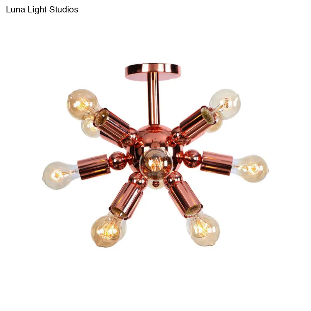 Vintage Copper Finish 6/9 Lights Starburst Semi Flush Ceiling Light For Bedroom