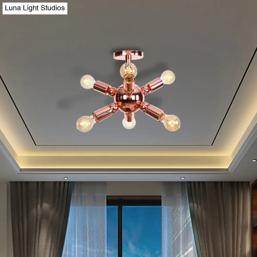 Vintage Copper Finish 6/9 Lights Starburst Semi Flush Ceiling Light For Bedroom