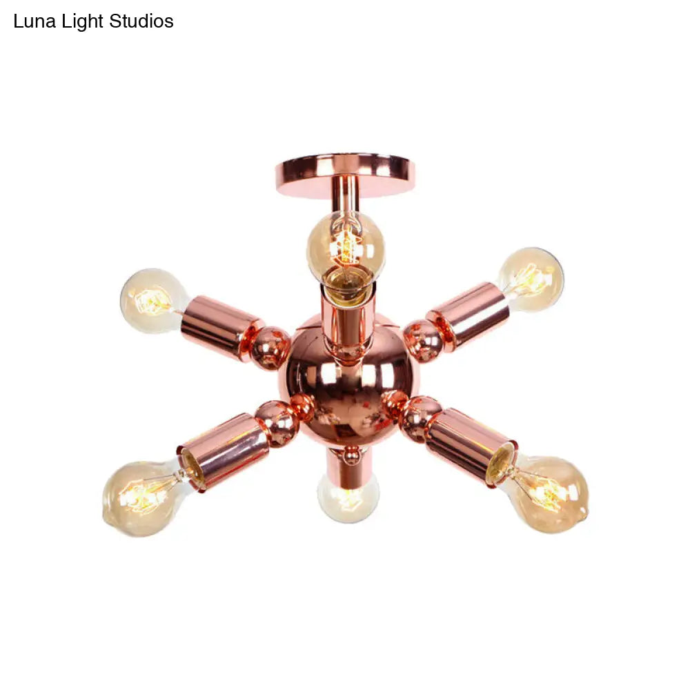 Vintage Copper Finish 6/9 Lights Starburst Semi Flush Ceiling Light For Bedroom