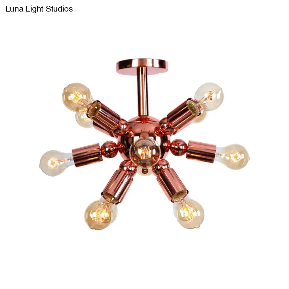 Vintage Copper Finish 6/9 Lights Starburst Semi Flush Ceiling Light For Bedroom