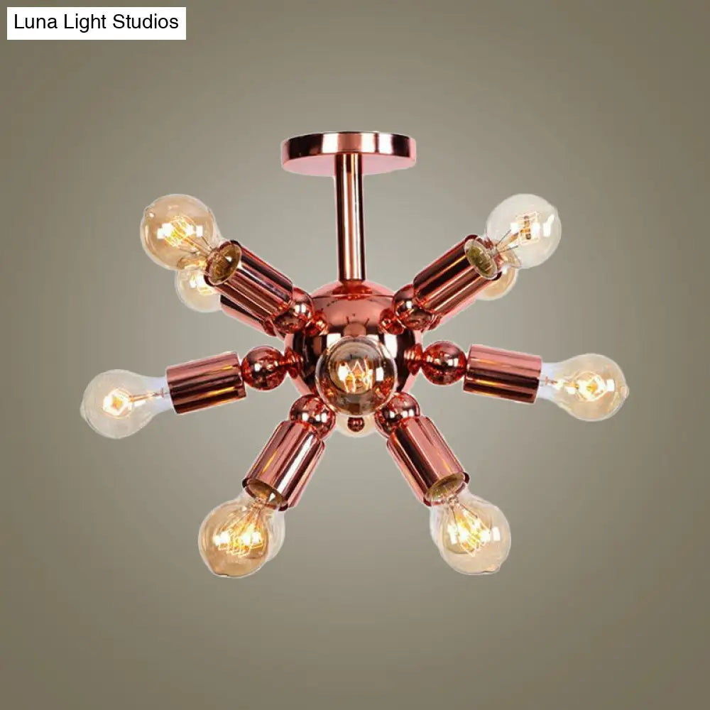 Vintage Copper Finish 6/9 Lights Starburst Semi Flush Ceiling Light For Bedroom