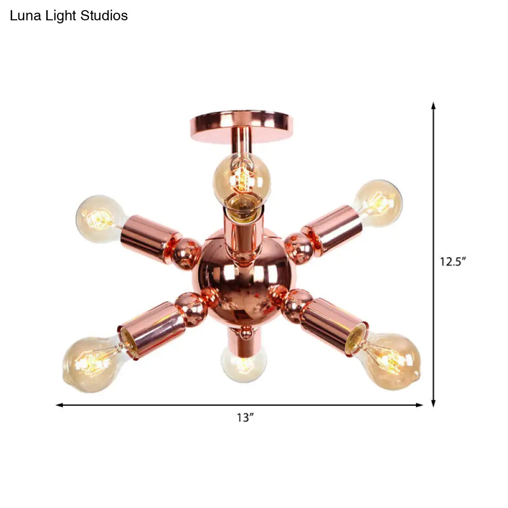 Vintage Copper Finish 6/9 Lights Starburst Semi Flush Ceiling Light For Bedroom