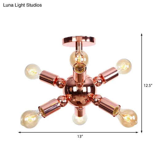 Vintage Copper Finish 6/9 Lights Starburst Semi Flush Ceiling Light For Bedroom