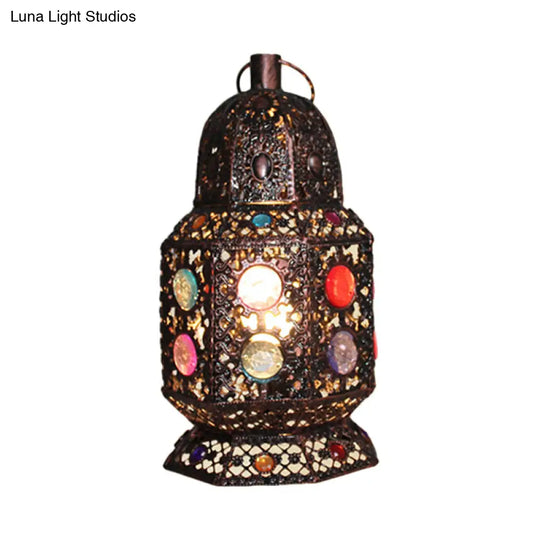 Vintage Copper Lantern Table Lamp - Metal Head Nightstand Lighting For Living Room