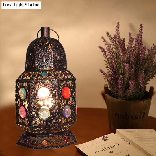 Vintage Copper Lantern Table Lamp - Metal Head Nightstand Lighting For Living Room
