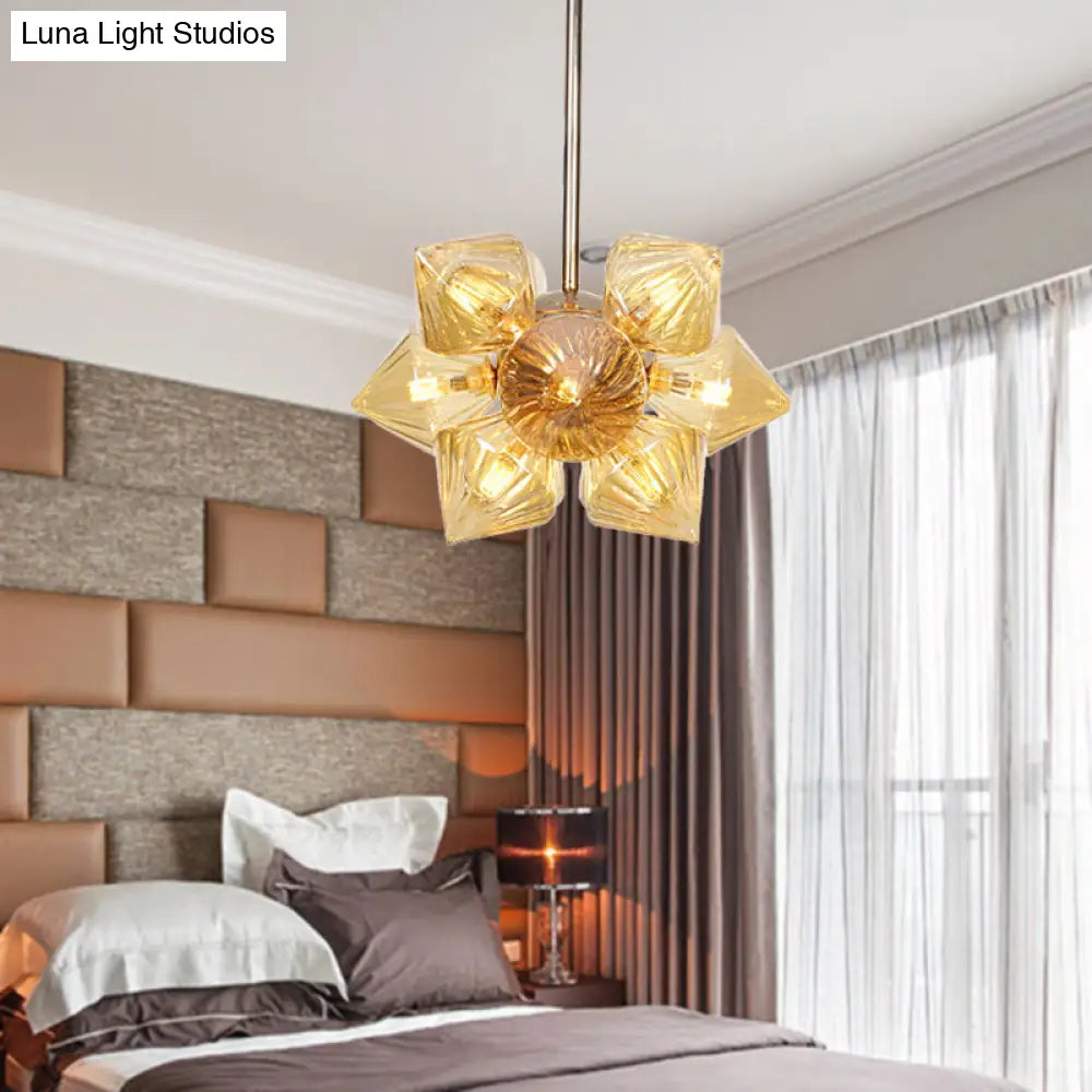 Vintage Copper Prism Semi - Mount Ceiling Light Fixture With Clear/Amber Glass - 9/12 Lights For
