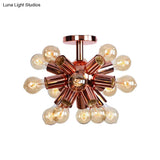 Vintage Copper Starburst Ceiling Light With Bare Bulb - Ideal For Restaurants (6/9 Heads)
