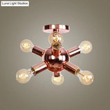 Vintage Copper Starburst Ceiling Light With Bare Bulb - Ideal For Restaurants (6/9 Heads)