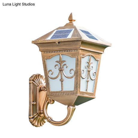 Vintage Courtyard Solar Wall Light - House Shaped Metal Lamp With Frost Glass Shade