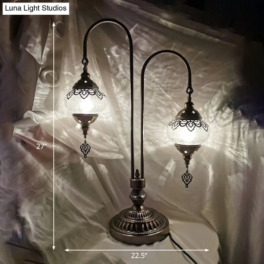 Vintage Crackle Glass Bedside Lamp With Oval Shade And 1/2/3 Lights Bronze Night Table Decor