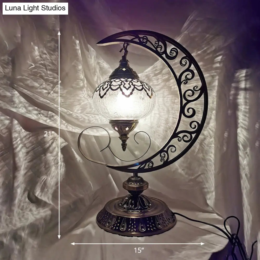 Vintage Crackle Glass Bedside Lamp With Oval Shade And 1/2/3 Lights Bronze Night Table Decor