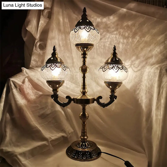 Vintage Crackle Glass Bedside Lamp With Oval Shade And 1/2/3 Lights Bronze Night Table Decor