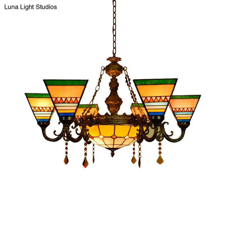 Vintage Craftsman Chandelier With Agate Stained Glass And Tiffany Style In Orange-Green For Living