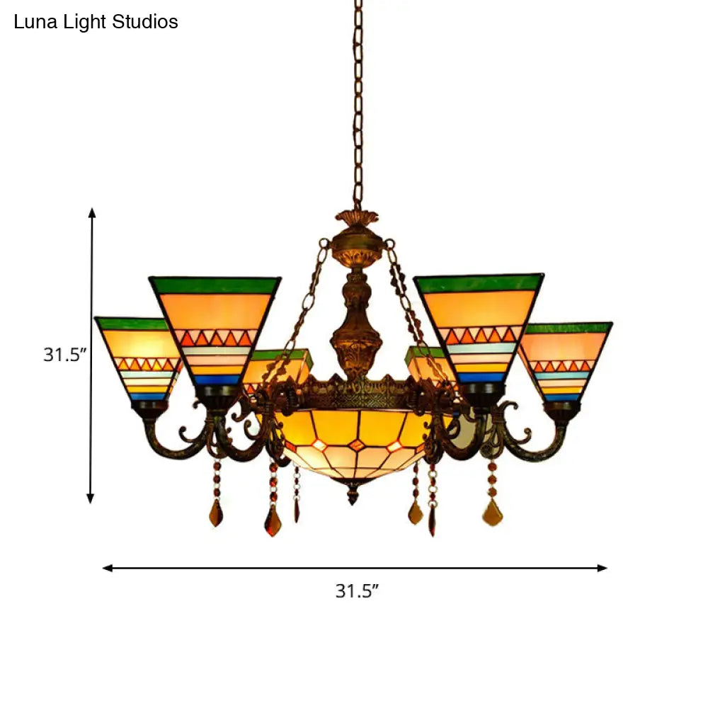 Vintage Craftsman Chandelier With Agate Stained Glass And Tiffany Style In Orange-Green For Living