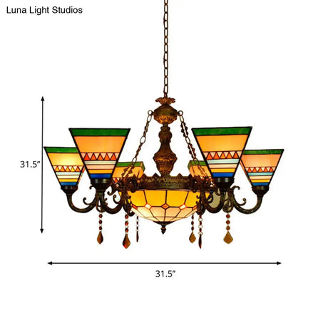 Vintage Craftsman Chandelier With Agate Stained Glass And Tiffany Style In Orange-Green For Living