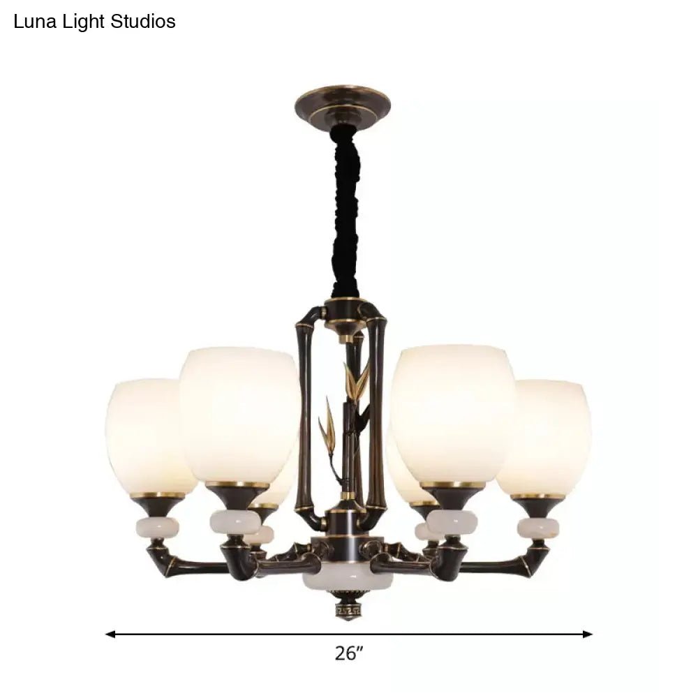 Vintage Cream Glass 6-Head Black Bell Suspension Chandelier For Dining Room