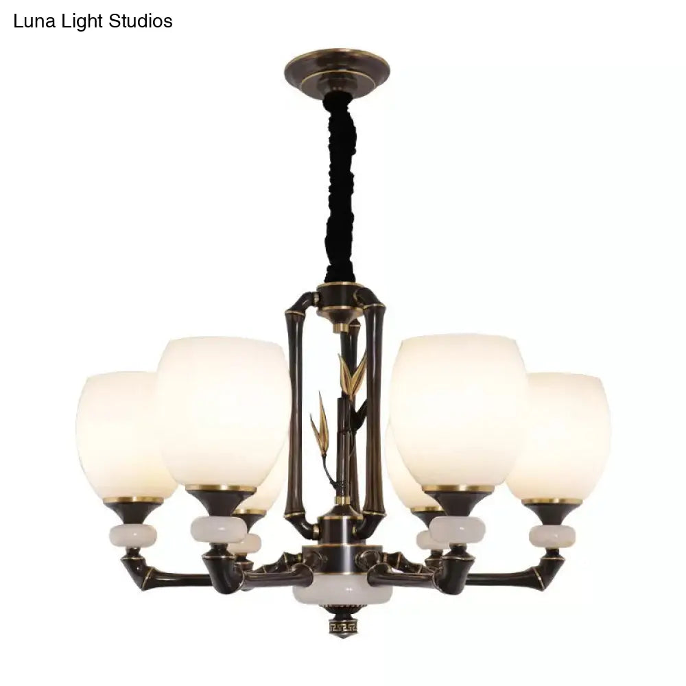 Vintage Cream Glass 6-Head Black Bell Suspension Chandelier For Dining Room