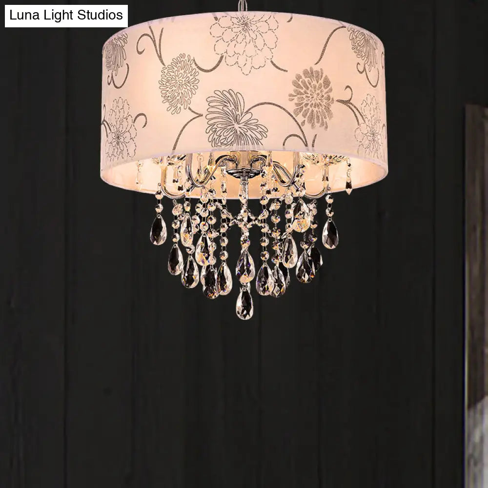 Crystal Vintage 5-Light Pendant Chandelier With Flower Pattern And Chrome Printing Fabric Shade
