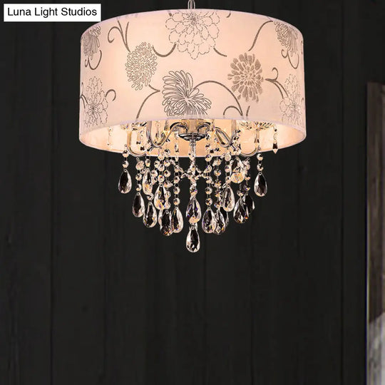 Crystal Vintage 5-Light Pendant Chandelier With Flower Pattern And Chrome Printing Fabric Shade