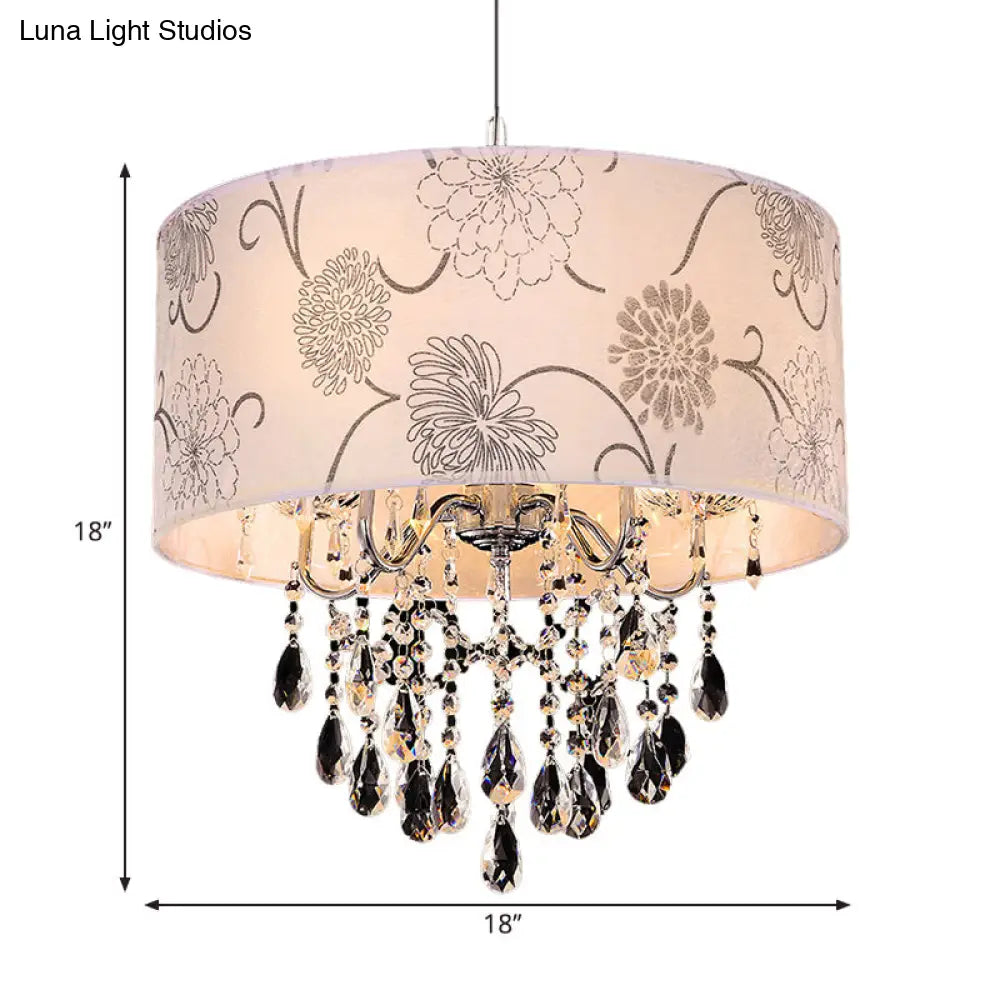 Crystal Vintage 5-Light Pendant Chandelier With Flower Pattern And Chrome Printing Fabric Shade