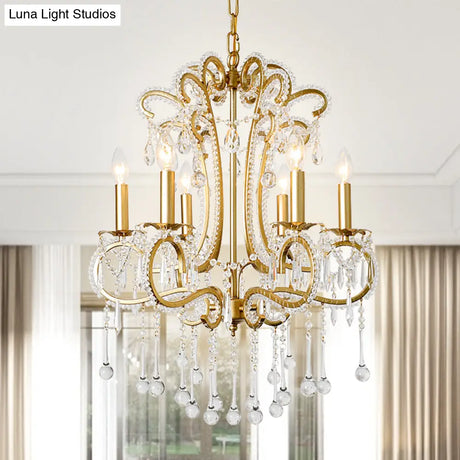 Vintage Crystal and Metal 6-Light Pendant for Bedroom with Gold Finish Gold