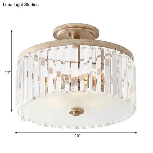Vintage Drum Bedroom Semi Flush Mounted Ceiling Light - Clear Crystal Block Design With 3 Lights