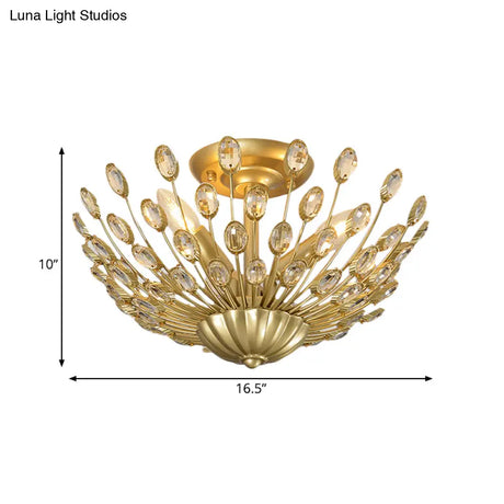 Vintage Crystal Bowl Semi-Flush Ceiling Lamp With Gold Finish For Bedroom - 3 Bulbs