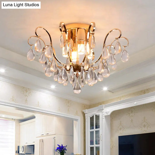 Vintage Crystal Droplet Flush Mount Chandelier - Gold Scroll Design 4-Bulb Ceiling Light Fixture For