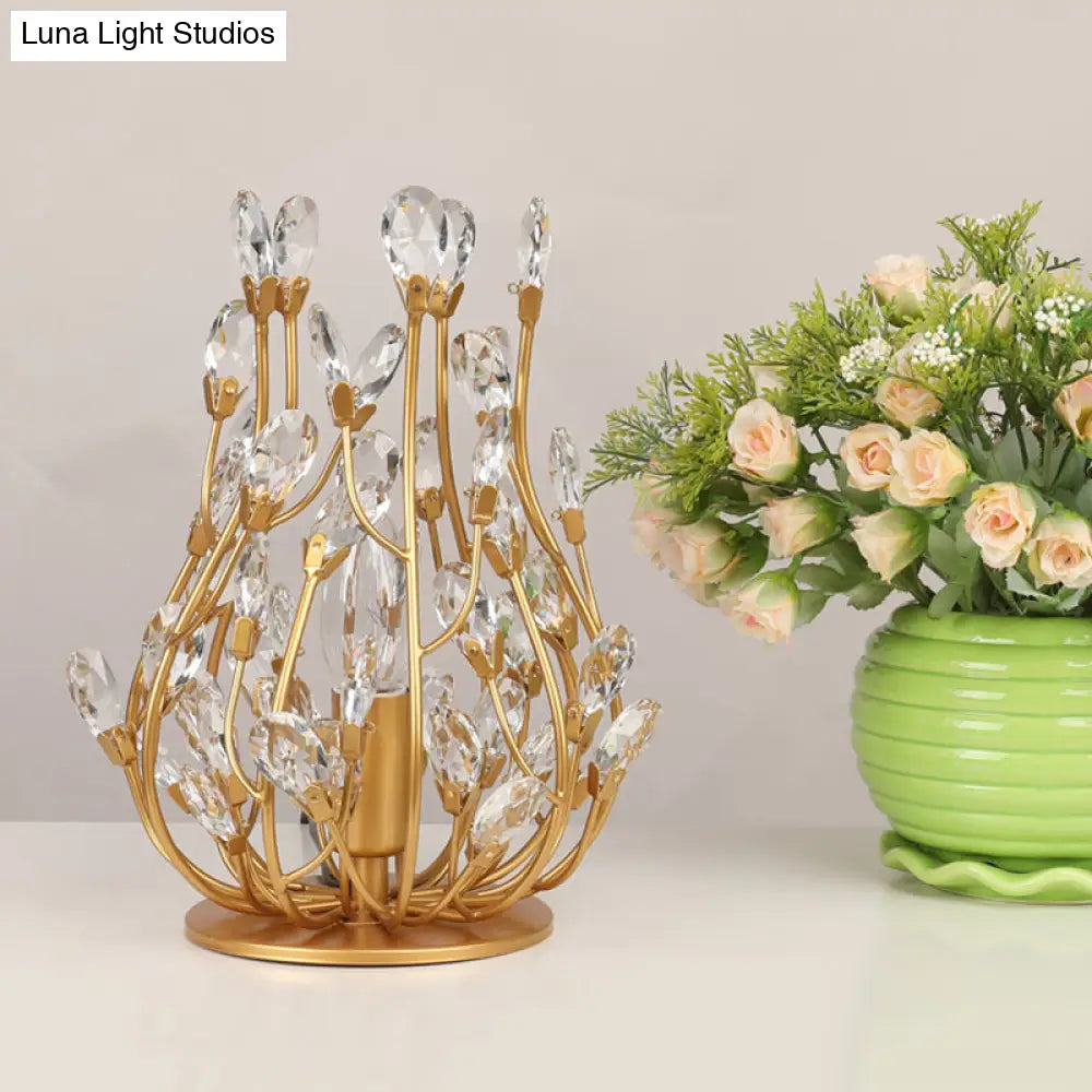Vintage Crystal Flower Vine Table Lamp With Faceted Gold/Silver Finish - Elegant Hotel Nightstand