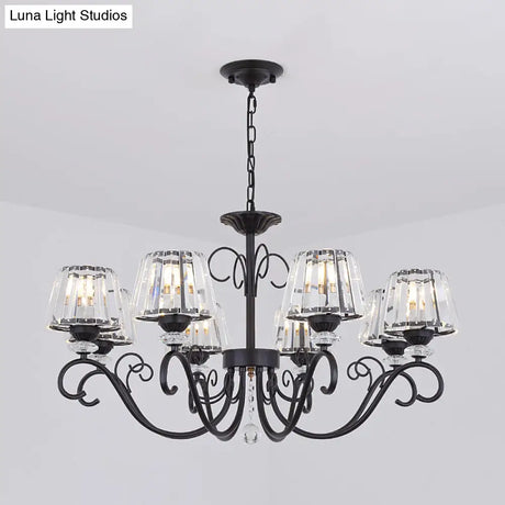 Vintage Crystal Prisms Chandelier With Conic Black Suspension Lighting - 3/6/8 Heads & Scroll Arm
