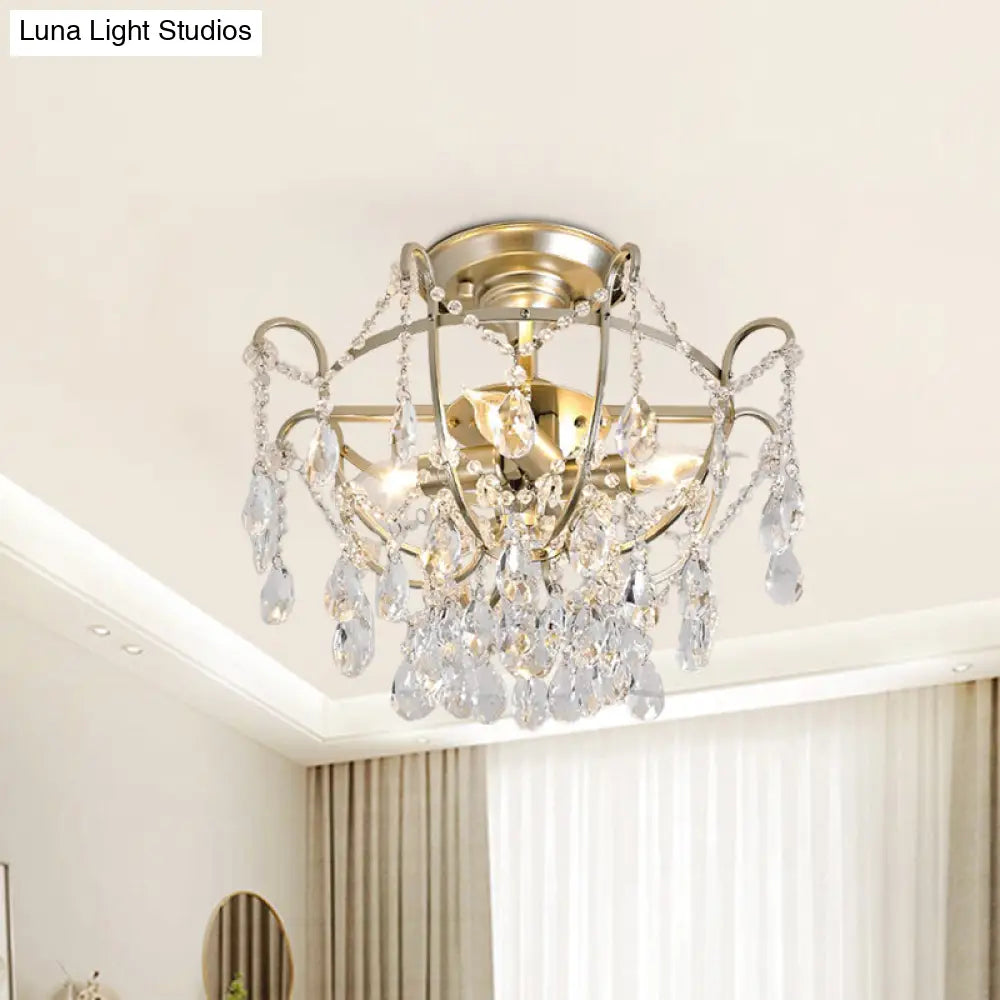 Vintage Crystal Strand Gold Bowl Cage Ceiling Light With Semi Flush Mount - 4-Light Lounge Fixture