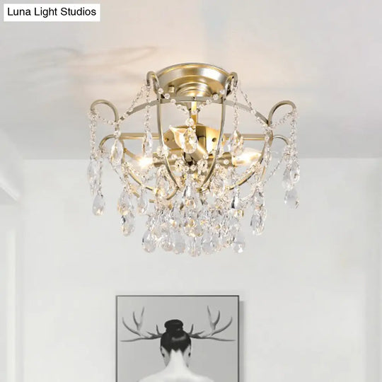 Vintage Crystal Strand Gold Bowl Cage Ceiling Light With Semi Flush Mount - 4-Light Lounge Fixture