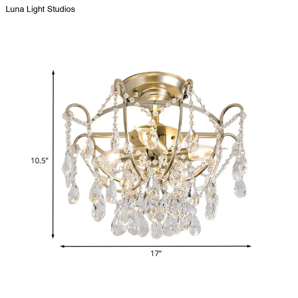 Vintage Crystal Strand Gold Bowl Cage Ceiling Light With Semi Flush Mount - 4-Light Lounge Fixture