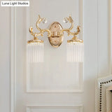 Vintage Crystal Wall Light With Gold Curved Arm & 1/2 Bulbs For Clear Pipe Lighting