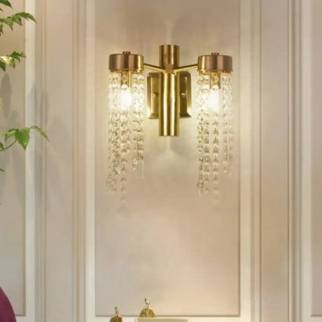 Vintage Crystal Wall Sconce With Led Lights - Cascade Bedroom Lighting Fixture 2 / Gold
