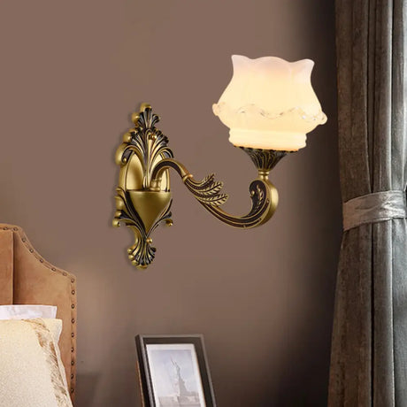 Vintage Curved Arm Brass Wall Lamp With Flower Milk Glass Shade 1 / A