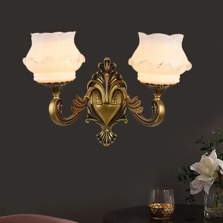 Vintage Curved Arm Brass Wall Lamp With Flower Milk Glass Shade 2 / A