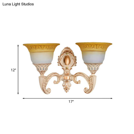 Vintage Curved Arm Metal Wall Lamp: 1/2-Head Sconce With Beige Glass Shade For Living Room