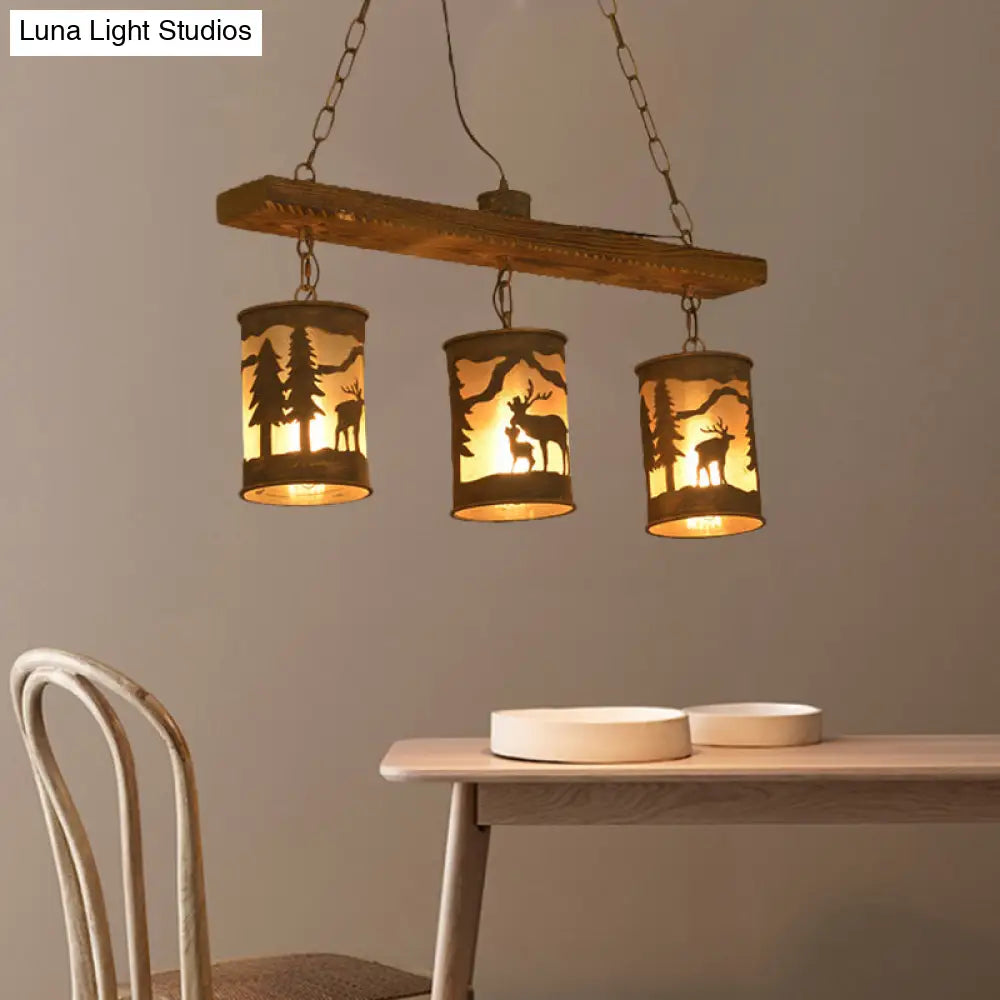 Vintage Cylinder Island Chandelier With Metal And Fabric Shade - 3/5/6 Lights Rustic Hanging Lamp