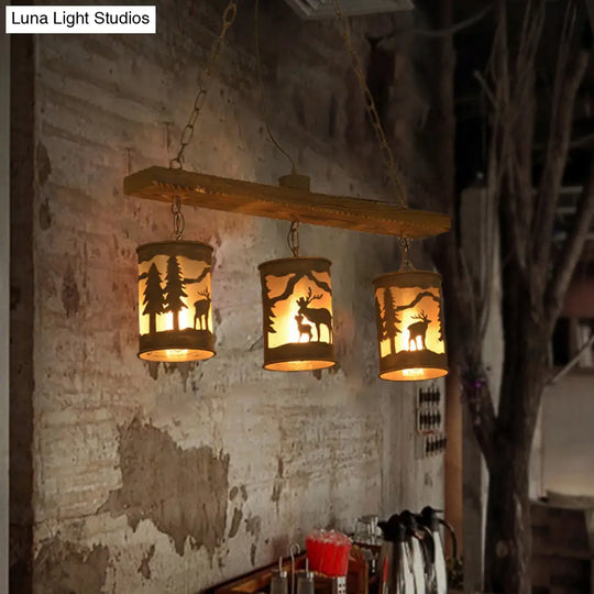 Vintage Cylinder Island Chandelier With Metal And Fabric Shade - 3/5/6 Lights Rustic Hanging Lamp