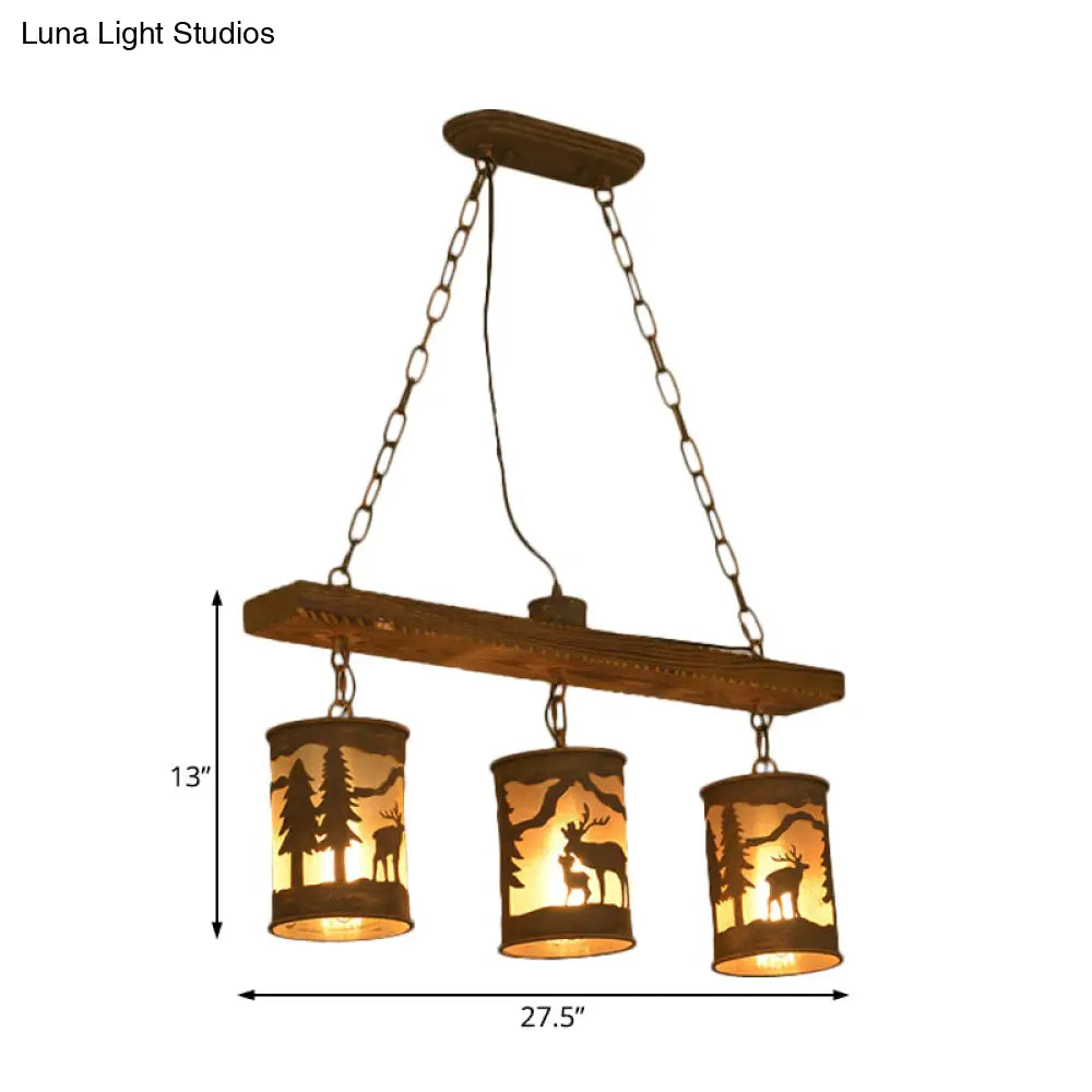 Vintage Cylinder Island Chandelier With Metal And Fabric Shade - 3/5/6 Lights Rustic Hanging Lamp