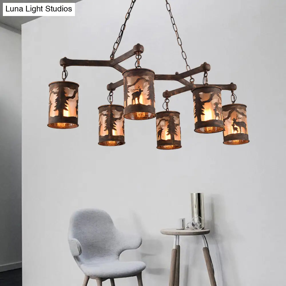 Vintage Cylinder Island Chandelier With Metal And Fabric Shade - 3/5/6 Lights Rustic Hanging Lamp