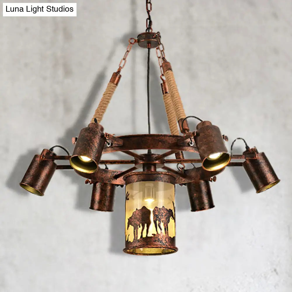 Vintage Cylinder Metal Chandelier - 4/7 Light Pendant In Weathered Copper For Dining Room Lighting
