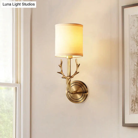 Vintage Cylindrical Fabric Wall Light With Antler Décor - Elegant Corridor Lamp