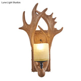 Vintage Deer Horn Wall Lamp With Cylinder Beige Glass Shade For Restaurants
