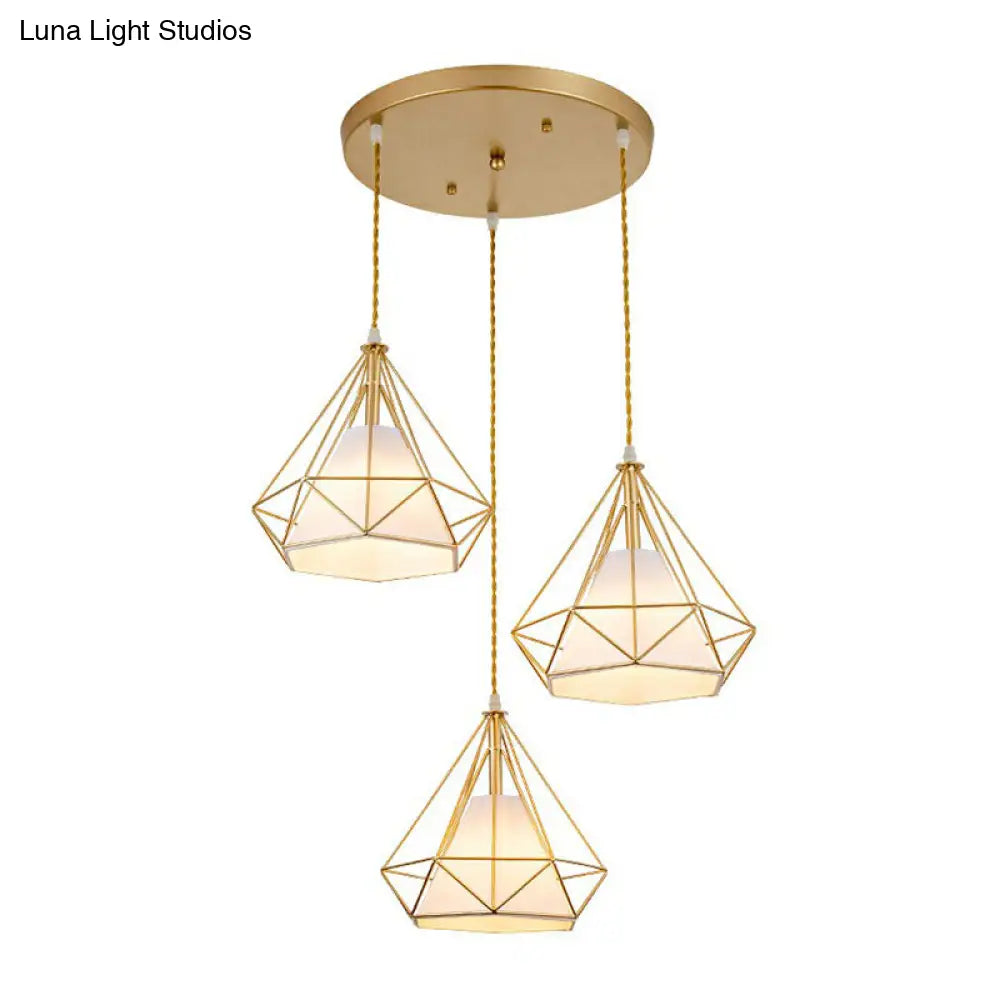 Vintage Diamond Cage Iron Suspension Light Fixture With 3 Bulbs - Restaurant Multi Ceiling Lamp