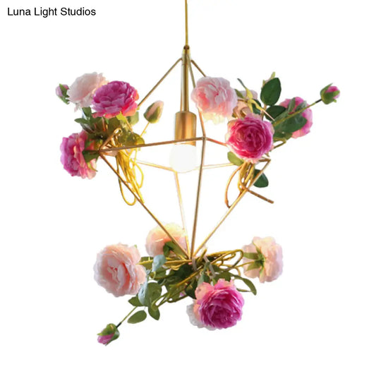 Vintage Gold Diamond Cage Pendant Light Kit - 14/18 H Dining Room Hanging Lamp With Fake Flower